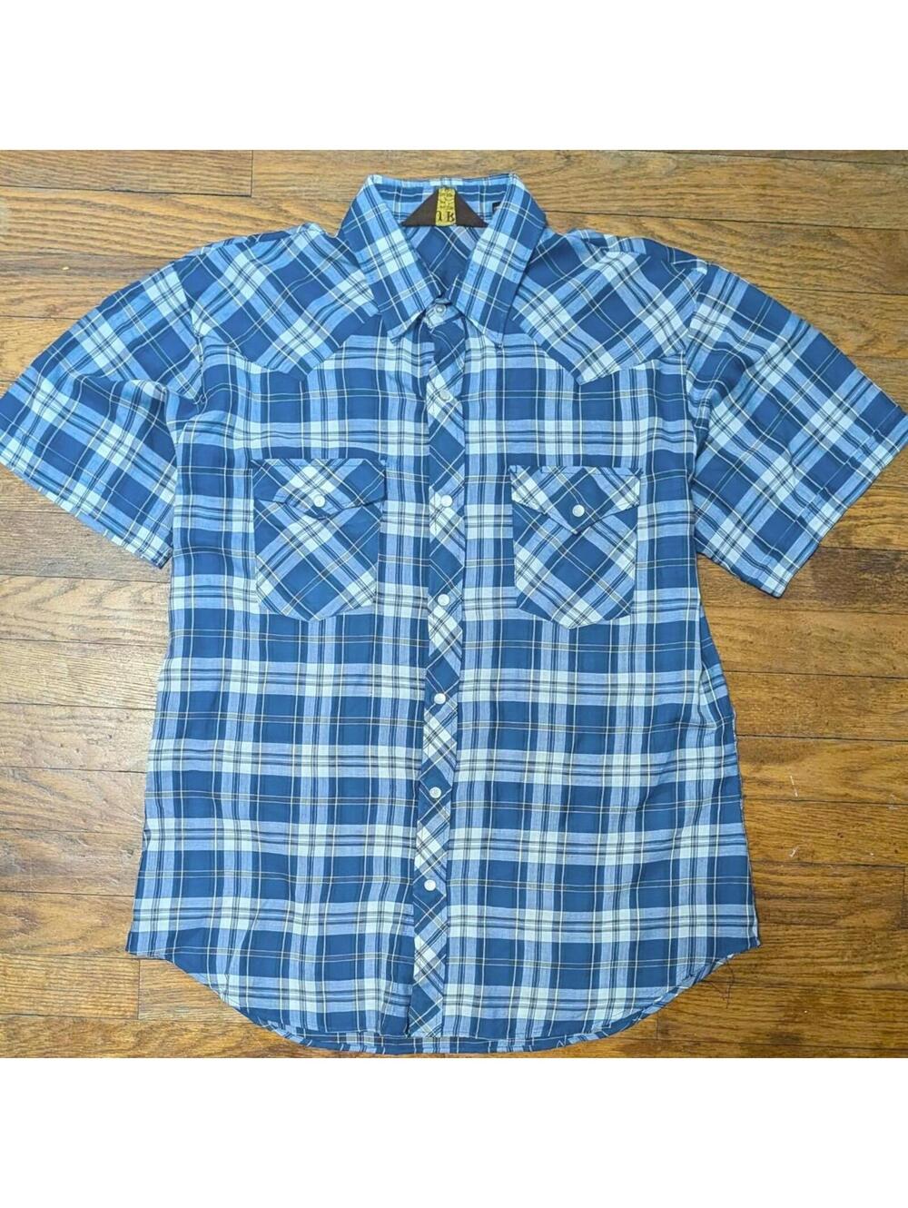 70s 80s BJ-K Blue Plaid Pearl Snap Western Shirt Paper Thin L-XL
